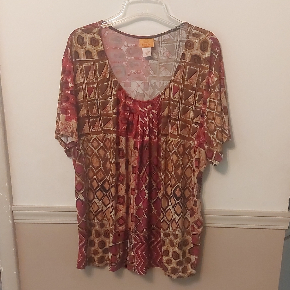 Ruby Rd Red Brown Multi Geometric All Over Print Casual Blouse Plus Sz 2X
